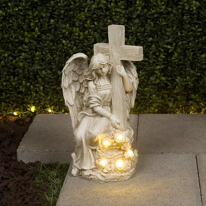Alpine Corporation KGD574SLR Solar Angel Holding Cross Statue with LED Lights, Sentimental Decor for Garden, 14" H, White