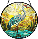 Beach Ocean Blue Heron Suncatchers Stained Glass Window Hanging, Coastal Ocean Sun Catchers Indoor Window Glass Round Wall Decor, Beachy Wall Hanging Decorations, 7.9x7.9in
