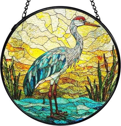 Beach Ocean Blue Heron Suncatchers Stained Glass Window Hanging, Coastal Ocean Sun Catchers Indoor Window Glass Round Wall Decor, Beachy Wall Hanging Decorations, 7.9x7.9in