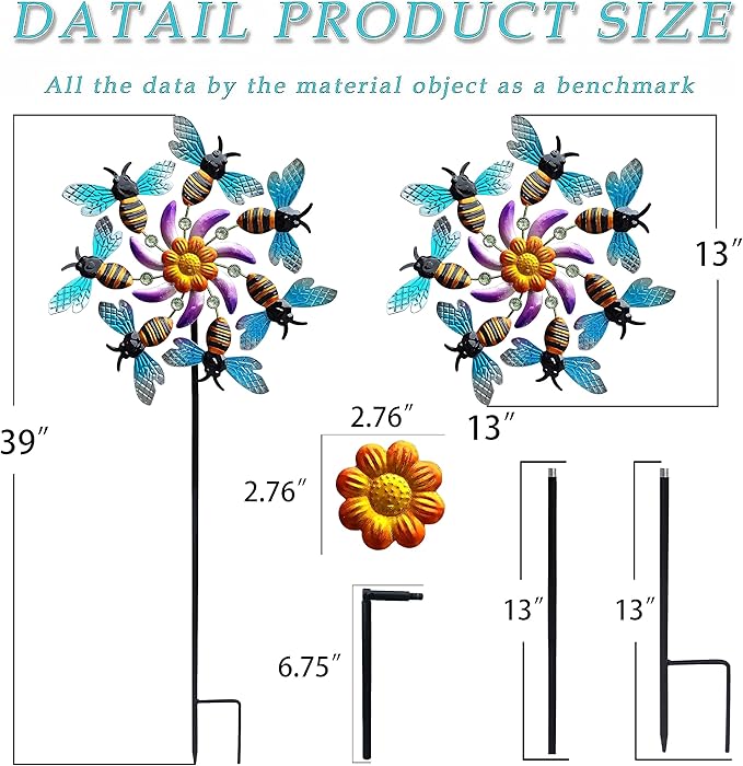 COOZZYHOUR 39" Bee Wind Spinners Metal Garden Stake-Outdoor Yard Windmill-Wind Sculpture Yard Art Decorations for Patio,Lawn & Garden