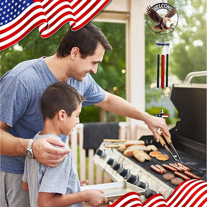 CoTa Global Welcome Eagle USA Flag Wind Chime - Handmade Metal Hanging Decor, Patriotic Garden Ornament with Red, White and Blue Tubes, Indoor Outdoor Porch Patio Yard Decoration - 34 Inches