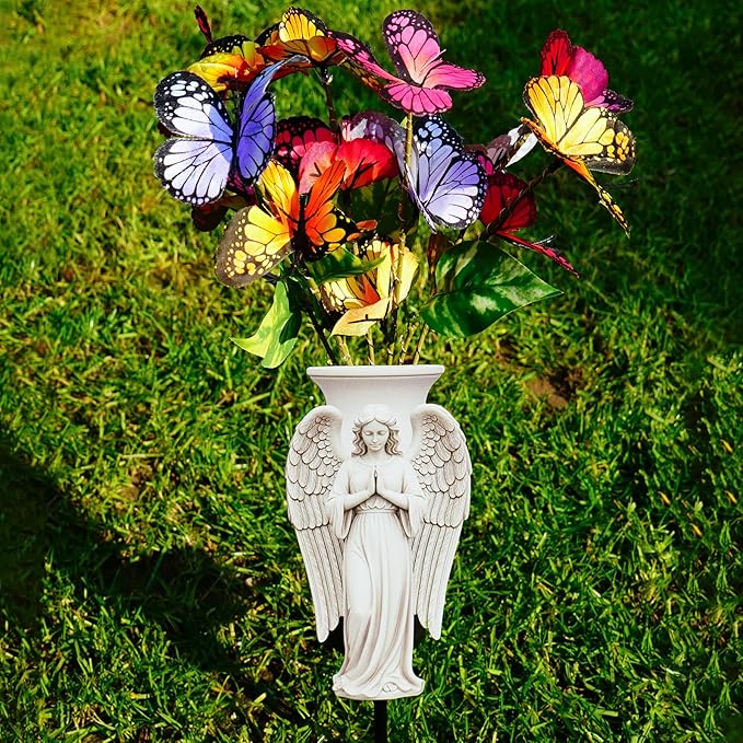 Solar Angel Grave Decorations - Metal Silhouette Memorial Stake with Butterfly Lights, Flat Garden Decor for Cemetery, Sympathy Gift(Angel with Flowers)