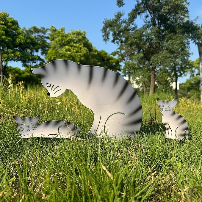 3 Pack Metal Cat Family Garden Statues, Outdoor Decorative Silhouette Stakes for Yard and Patio Lawn Ornaments - Animal Sculpture Art (Grey)