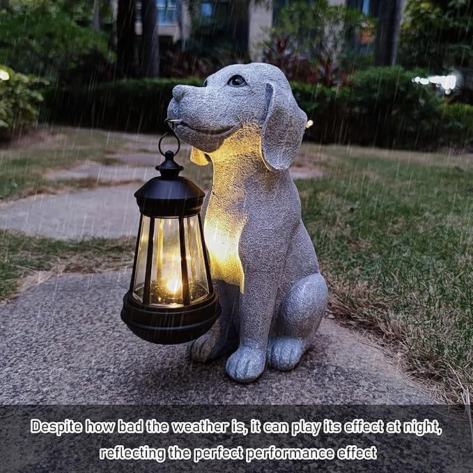 Dog Solar Garden Statues,Resin Dog Figurine Decorations with Solar Lights Lantern, Outdoor Decor Art for Lawn,Yard,Unique Housewarming for Garden Home