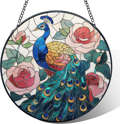 Peacock Stained Glass Window Hanging, Peacock Suncatchers, Bird Rose Flowers Sun Catchers Indoor Window Round Glass Wall Art Hanging Decorations, 7.9x7.9in