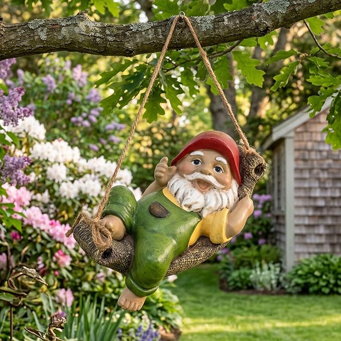 TERESA'S COLLECTIONS Garden Decor, Garden Gnomes Lying on Hammock, Gnomes Decor, Waterproof Resin Garden Decor, Garden Gifts for Mom,Indoor/Outdoor,7"