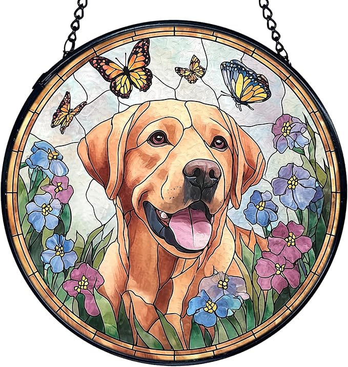 TNUW Labrador Retriever Flower Stained Glass Window Hanging, Labrador Retriever Gifts Sun Catchers Indoor Window Glass Round Wall Art Decor, Dog Sunflower Wall Hanging Decorations, 7.9＂x7.9＂