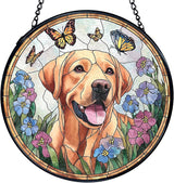TNUW Labrador Retriever Flower Stained Glass Window Hanging, Labrador Retriever Gifts Sun Catchers Indoor Window Glass Round Wall Art Decor, Dog Sunflower Wall Hanging Decorations, 7.9＂x7.9＂