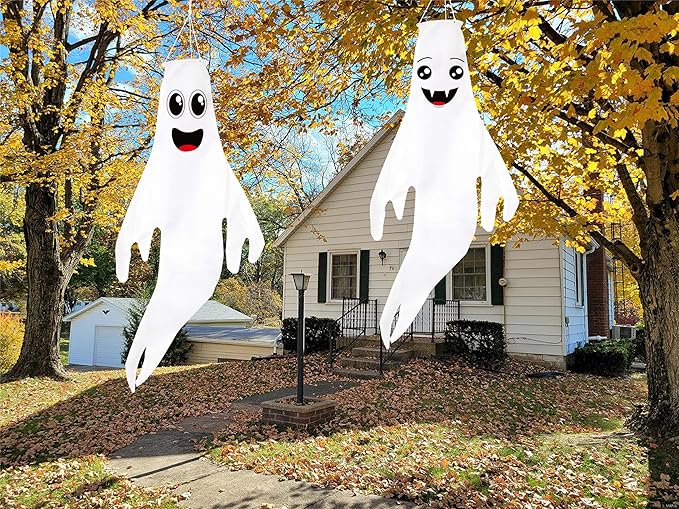 2PCS Halloween Cute Ghost Windsocks Hanging Decorations - 43 Inch Flag Wind Socks for Home Yard Outdoor Decor Party Supplies (No Lights)