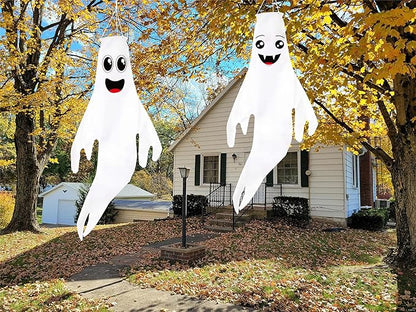 2PCS Halloween Cute Ghost Windsocks Hanging Decorations - 43 Inch Flag Wind Socks for Home Yard Outdoor Decor Party Supplies (No Lights)
