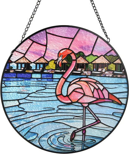 Stained Glass Window Hanging, Flamingo Circular Painted Glass Suncatcher with Chain & Suction Cup for Home Garden Door Decor, Birthday for Women Men Mom 7.8 in
