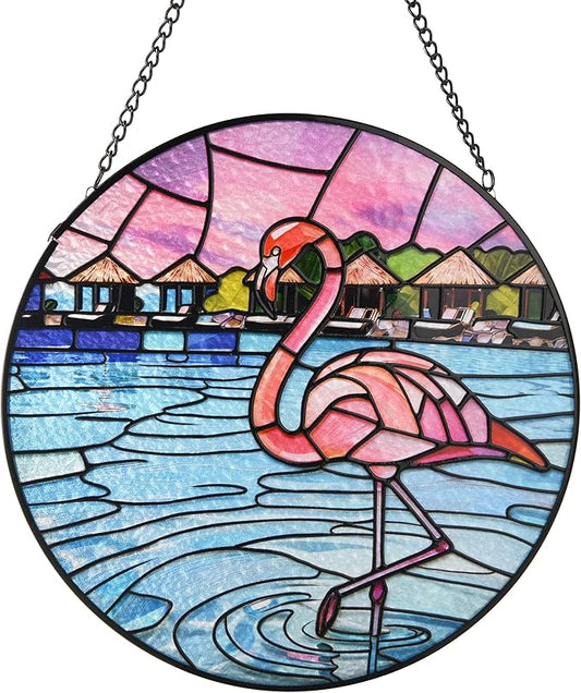 Stained Glass Window Hanging, Flamingo Circular Painted Glass Suncatcher with Chain & Suction Cup for Home Garden Door Decor, Birthday for Women Men Mom 7.8 in