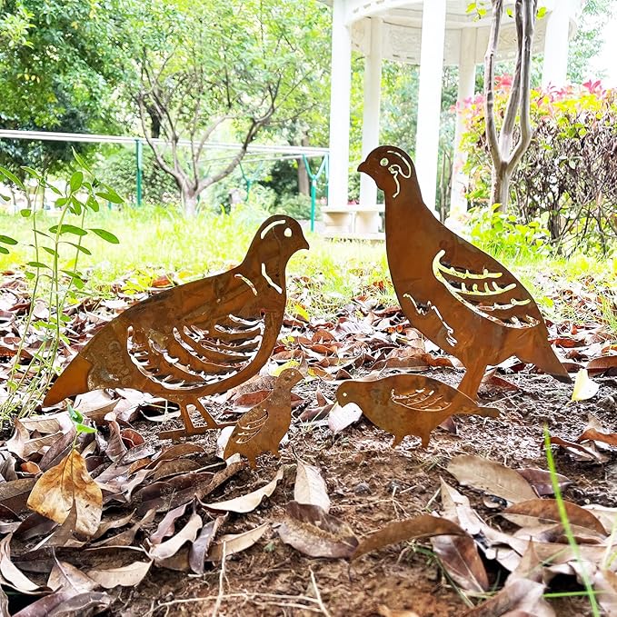 4PCS Rusty Partridge Family Decorative Garden Stakes, Metal Birds Yard Decor, Bird Lover Gifts for Women Mom Grandma Wife, Metal Birds Statues Garden Sculptures and Yard Art, Patio, Lawn Ornaments