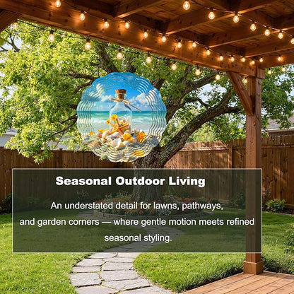 10x10 Inch Wind Spinner Outdoor Hanging Beach Bottle Shell Starfish Metal Kinetic Spiral Ornament for Yard Garden Patio Porch Balcony Tree Window Decor Gift
