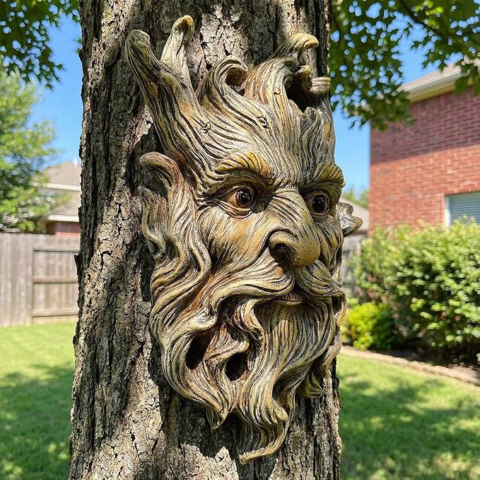 10.1" Whimsical Tree Face Sculpture, Garden Peeker Statue, Outdoor Trunk Tree Huggers Art, Landscape Accent Ornament, Hanging Fairy Elve Figurine for Yard Art, Trees Decor Wall Mounted Statues