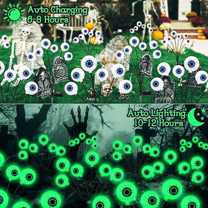 Halloween Decorations Outdoor, 6 Pack 36 LED Solar Scary Eyeball Swaying Lights, Green Solar Firefly Light Waterproof Outdoor Garden Lights for Halloween Yard Garden Lawn Party Flower Bed
