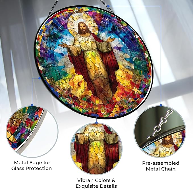 Christ Jesus Decor Stained Glass Suncatcher - Window Wall Hanging Ornament UV-Print Glass Panel Sun Catcher - Decoration for Home Garden Christmas Party Wedding Housewarming Gift