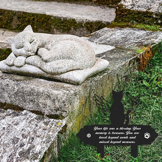 Rngmsi Cat Memorial Decorations - Garden Stakes Markers with Angel Wings, Waterproof Metal Plaques for Cemetery, Cat Grave Decor