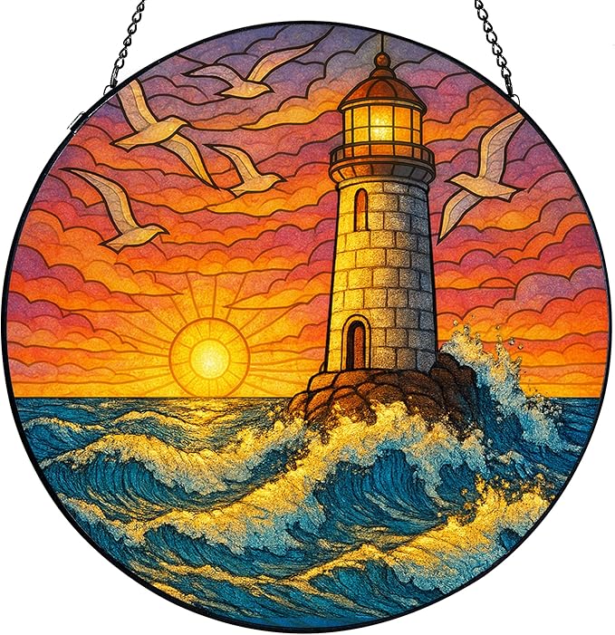 Stained Glass Window Hanging,Lighthouse Sun Catchers Stained Glass Panels for Indoor Windows Wall Art Decor, Memorial Gift for Mom Women Wife Men Lovers (11.8inch)