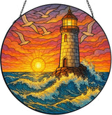 Stained Glass Window Hanging,Lighthouse Sun Catchers Stained Glass Panels for Indoor Windows Wall Art Decor, Memorial Gift for Mom Women Wife Men Lovers (11.8inch)