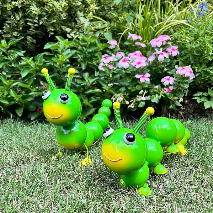 Cruis Cuka Metal Caterpillar Statue Yard Art Garden Decor for Outside Patio Lawn Ornaments Fence Decorations Gift for Family,Friends,Garden Lovers - Set of 2(Green)