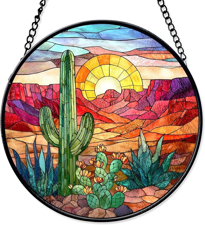 7.8" Cactus Suncatcher Stained Glass Window Hanging Green Plant Sun Catchers Desert Landscape Ornament Wall Art Door Terrace Garden Home Decor Birthday for Women Men Mom