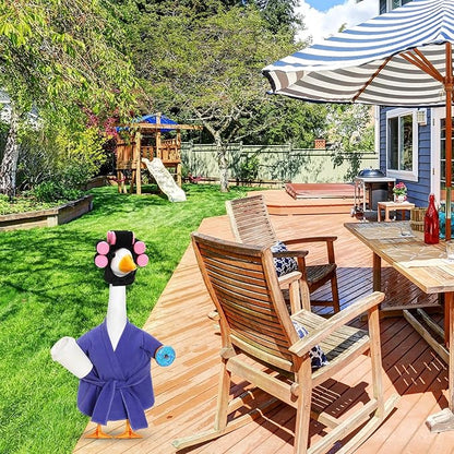 Shyyween Lady Porch Goose Outfit 23 Inch Goose Clothes Winter Porch Geese Accessories Purple Pajamas Robe Curlers and Coffee Cup for Concrete Statue Outdoor Yard Cement Geese Decoration
