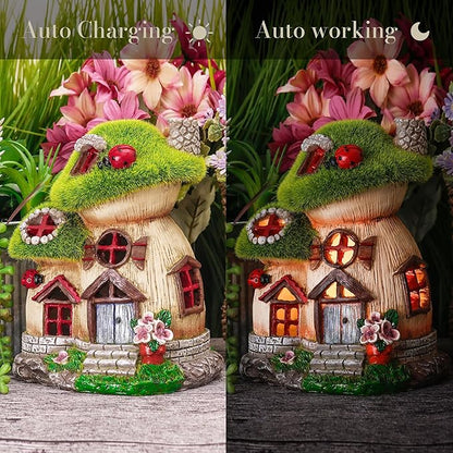 TERESA'S COLLECTIONS Mushroom Garden Statues with Outdoor Solar Light, Green Flocked Christmas Decorations for Home, Resin Fairy House Accessories Outdoor Decor Yard Thanksgiving Gifts for Mom, 7.7“