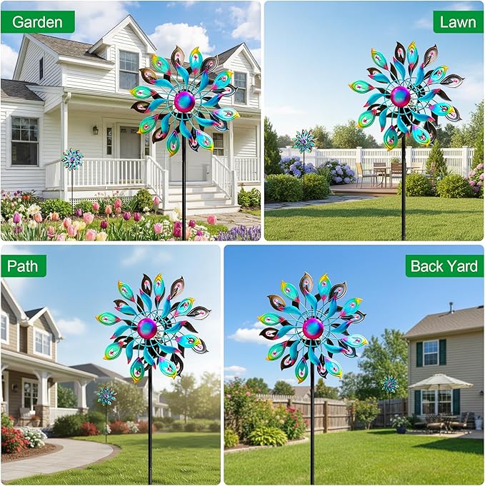 52'' Solar Wind Spinner Outdoor Metal - Kinetic Garden Wind Sculptures with Multi-Color Changing LED Glass Ball, Peacock Tail Design Yard Art Stake Decor for Patio, Lawn, Pathway Decoration