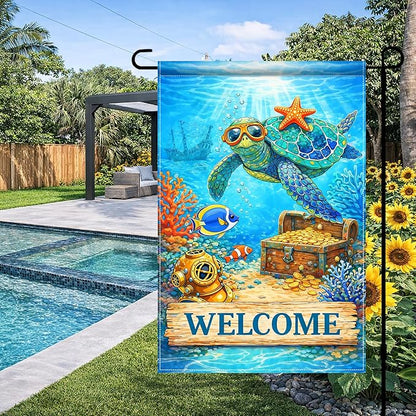 BlissYard Ocean Sea Turtle Welcome Garden Flag 12x18 Double Sided Vertical Outdoor Coastal Decor Underwater Coral Reef Yard Garden Lawn Patio Nautical Summer Banner
