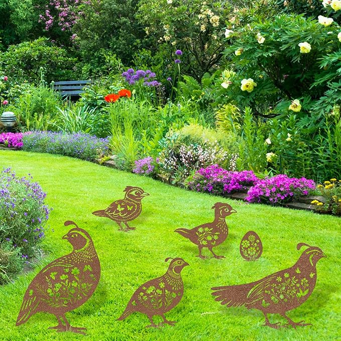Metal Garden Stakes for Outside - 6 Pcs Quail Decor Yard Art Statues Outdoor Waterproof Figurine Silhouette Patio Lawn Pathway Backyard Ornaments Birthday Gift for Women Mom Grandma Wife