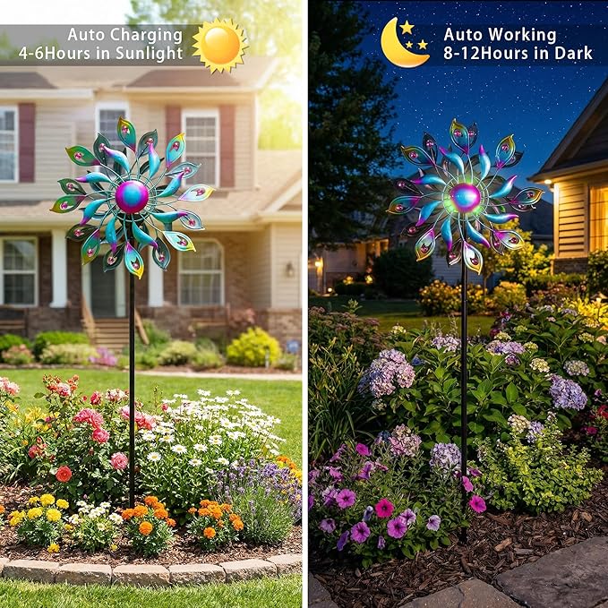 52'' Solar Wind Spinner Outdoor Metal - Kinetic Garden Wind Sculptures with Multi-Color Changing LED Glass Ball, Peacock Tail Design Yard Art Stake Decor for Patio, Lawn, Pathway Decoration