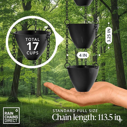 Rain Chains Direct Cascading Bowls Rain Chain - Heavy Rain Flow - for 8-10 Foot Drops - Heavy Duty - Large Cups - Durable Flat-Black Powder-Coated Aluminum - Premium Rain Chains for Gutters