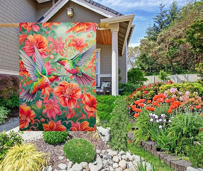Vibrant Hummingbird Floral House Flag 28x40 Inch Double Sided Spring Summer Outdoor Yard Flag for Patio Porch Lawn Farmhouse
