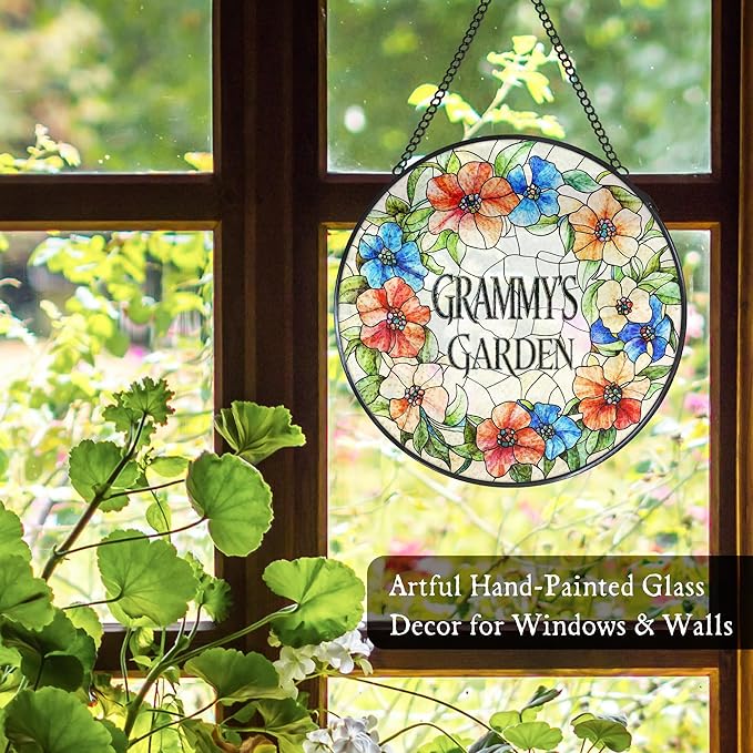 Grammy's Garden Floral Stained Glass Window Hanging Suncatcher for Grandma, Grammy Grandma Gifts Sun Catcher Wall Hanging Decoration for for Mothers Day Christmas Birthday, 7.8 x 7.8 in