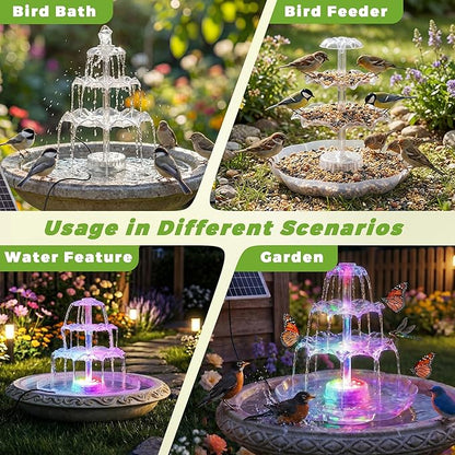 AISITIN 6.5W Solar Bird Bath Fountains with Lights, 3 Tiered Bird Bath with Solar Water Pump, Upgraded Detachable DIY Solar Powered Fountain for Garden, Patio, Yard and Pond
