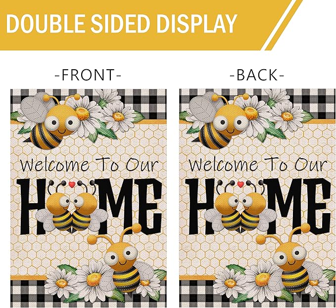 Furiaz Welcome to Our Home Bumble Bee Spring Summer Decorative Large House Flag, Buffalo Plaid Check Daisy Home Outside Garden Yard Decorations, Farmhouse Burlap Outdoor Decor Double Sided 28x40