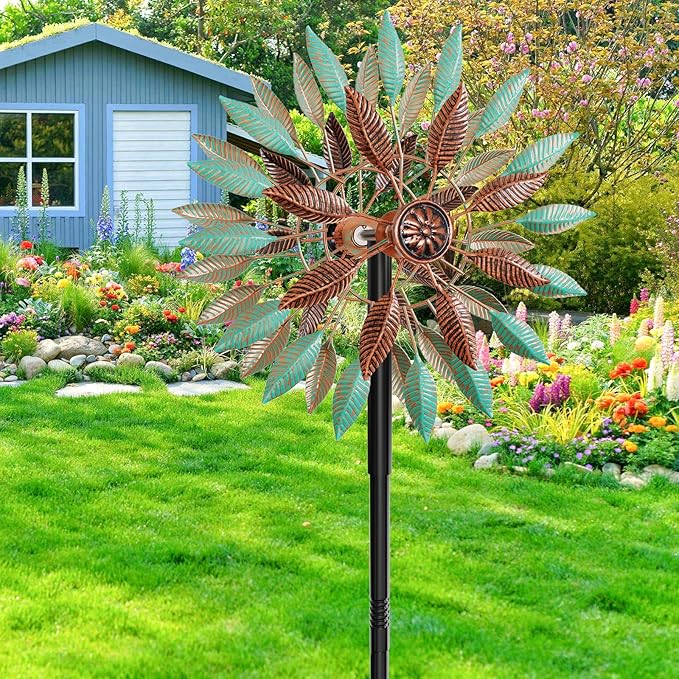 Wind Spinners Outdoor, 360° Metal Windmills for Yard Garden Art Decor, Kinetic Wind Sculptures with 5 Stake for Lawn Patio Outside Ornaments, 13.7" W x 64.3" H (Green+Brown)