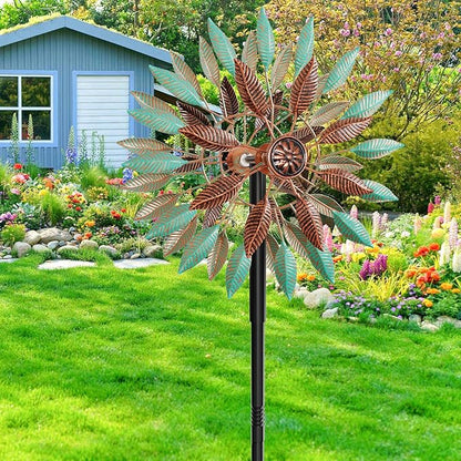 Wind Spinners Outdoor, 360° Metal Windmills for Yard Garden Art Decor, Kinetic Wind Sculptures with 5 Stake for Lawn Patio Outside Ornaments, 13.7" W x 64.3" H (Green+Brown)