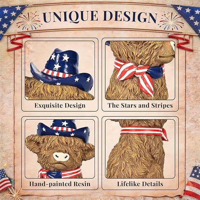 TISEJOY 8" 4th of July Decorations Outdoor Highland Cow Statue for Memorial Day, Highland Cow Decor,Patriotic Decorations for Home Decor, Stars and Stripes Highland Cow Figurines for Desk Garden