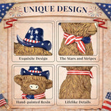 TISEJOY 8" 4th of July Decorations Outdoor Highland Cow Statue for Memorial Day, Highland Cow Decor,Patriotic Decorations for Home Decor, Stars and Stripes Highland Cow Figurines for Desk Garden
