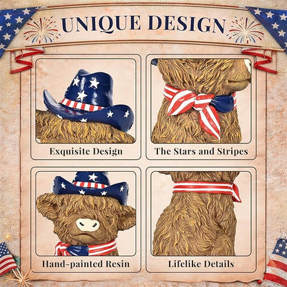 TISEJOY 8" 4th of July Decorations Outdoor Highland Cow Statue for Memorial Day, Highland Cow Decor,Patriotic Decorations for Home Decor, Stars and Stripes Highland Cow Figurines for Desk Garden