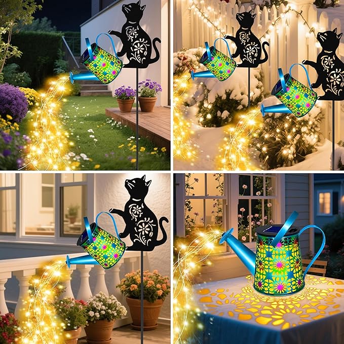 Black Cat Solar Watering Can Lights, Birthday Gifts for Women Mom Christmas, Yard Decorations Outdoor Waterproof, Blue Metal Hanging Lantern Solar Lights Garden Decor Patio Pathway, 2 Pack