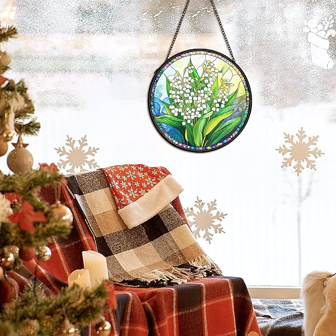 Floral Whimsical Suncatcher Stained Glass Window Hanging Decor, Goblincore Cottage Core Stained Glass Wall Decor, Lilly of the Valley Lawn Garden Sun Catchers Window Hanging Decorations,7.9x7.9