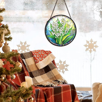 Floral Whimsical Suncatcher Stained Glass Window Hanging Decor, Goblincore Cottage Core Stained Glass Wall Decor, Lilly of the Valley Lawn Garden Sun Catchers Window Hanging Decorations,7.9x7.9