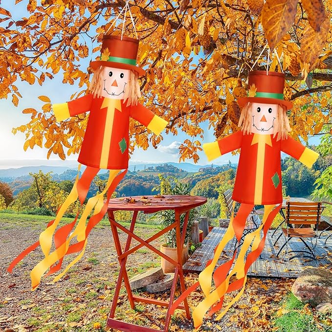 2 Pcs Fall Thanksgiving Scarecrows Windsocks Decoration 40'' Vintage WindSocks for Thanksgiving Decorations Outdoor Hanging Scarecrow for Farmhouse Home Yard Window Party Decor(Autumn)