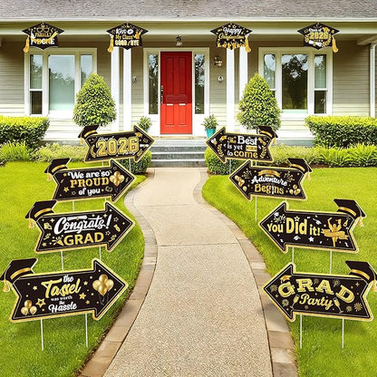 2026 Graduation This Way Yard Sign Arrow for Outdoor Pathway,Graduation Cap Hanging Yard Signs,Black Gold Directional Yard Signs with Stakes Ribbon,Grad Party Decor for College High School