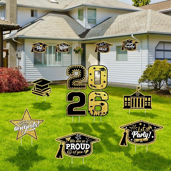 13Pcs Graduation Yard Signs Class of 2026 Large Congrats Grad Sign with Stakes & String Hanging Graduation Decorations for Indoor Outdoor Yard Lawn Porch School (Gold)