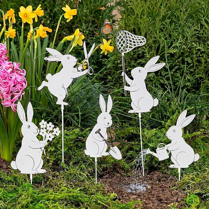 Leinuosen 5pcs Easter Bunny Garden Stakes 13 inch Metal Easter Yard Decor White Finish Outdoor Garden Stakes Bunny Silhouette Set for Lawn Planter Flower Pot Pathway Spring Decoration(White)