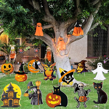 Amyhill 12 Pcs Halloween Yard Signs Vintage Lawn Decorations with Stakes Sturdy Corrugated Plastic Outdoor Decorations Witch Black Cat Pumpkin Ghost Owl Skeleton Garden Signs for Scary Halloween Party
